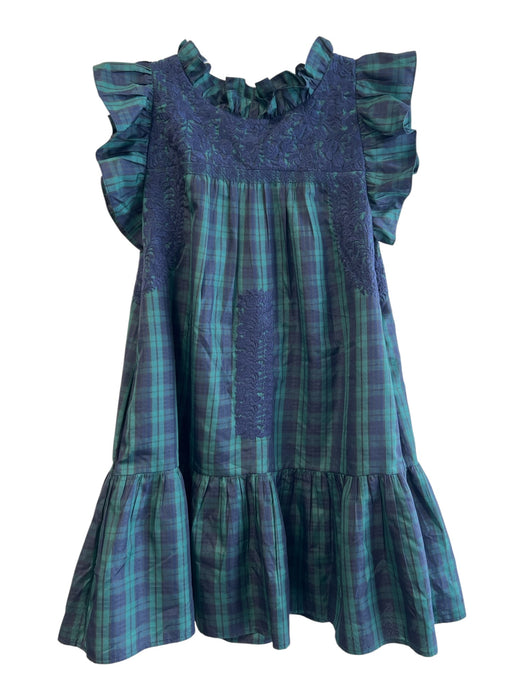J. Marie Size Medium Green & Navy Polyester & Rayon Plaid Ruffle Neckline Dress Green & Navy / Medium