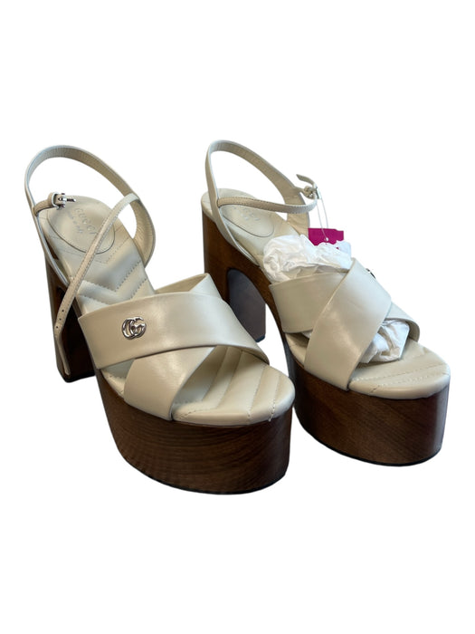 Gucci Shoe Size 39.5 Cream Leather Wood Sole Platform Logo Open Toe Shoes Cream / 39.5