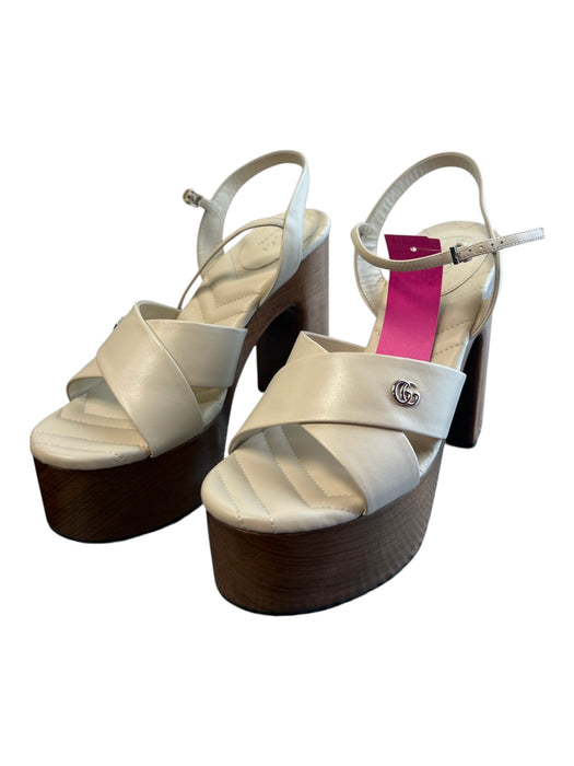 Gucci Shoe Size 39.5 Cream Leather Wood Sole Platform Logo Open Toe Shoes Cream / 39.5