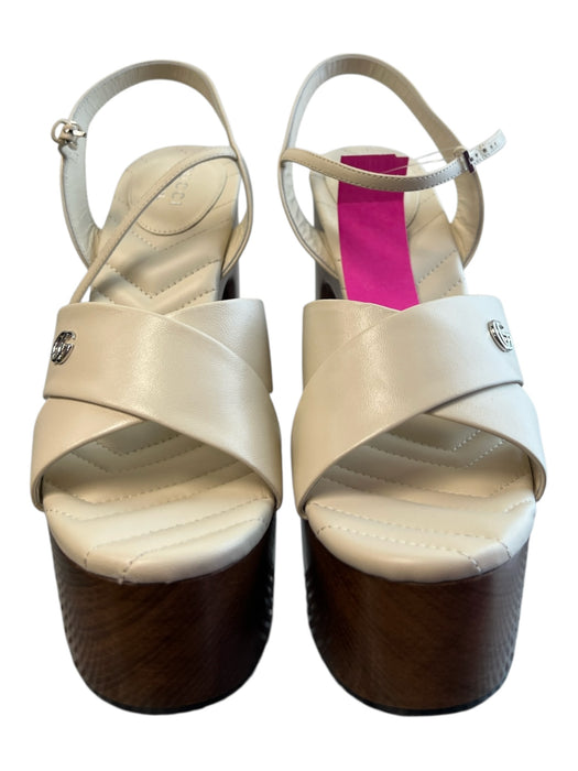 Gucci Shoe Size 39.5 Cream Leather Wood Sole Platform Logo Open Toe Shoes Cream / 39.5