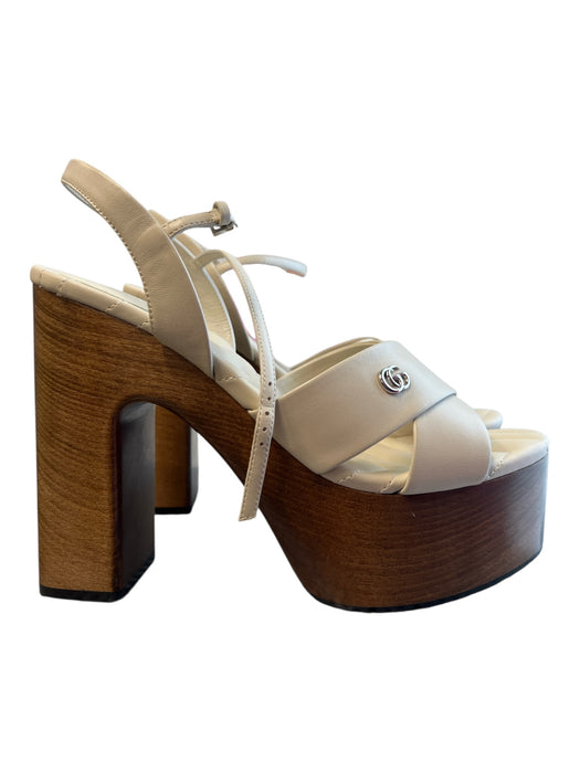 Gucci Shoe Size 39.5 Cream Leather Wood Sole Platform Logo Open Toe Shoes Cream / 39.5