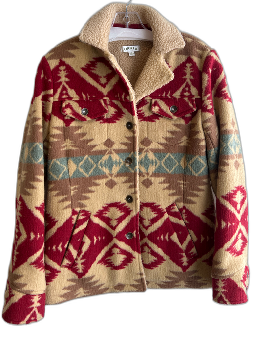 Orvis Size XS Tan, Aqua & Red Polyester Blend Aztec Print Front Buttons Jacket Tan, Aqua & Red / XS