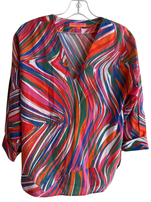Vilagallo Size 36 Multi 100% Cotton Poplin Abstract V Neck Pop Over Top Multi / 36