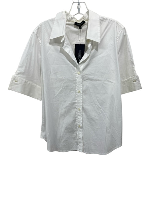 Lafayette 148 Size L White Cotton V Neck Button Front Short Sleeve Collared Top White / L