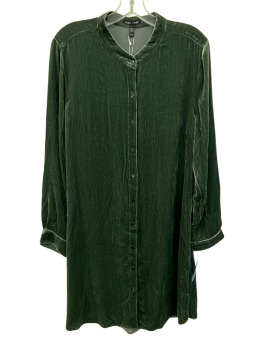 Eileen Fisher Size M Green Rayon & Silk Velvet Button Down stand collar Dress Green / M