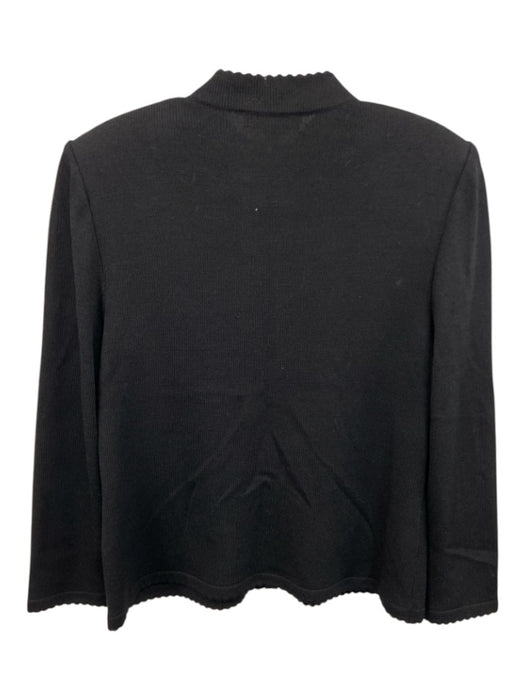 St John Basics Size 12 Black Wool Blend Knit Scalloped Edge Mock Neck Zip Jacket Black / 12