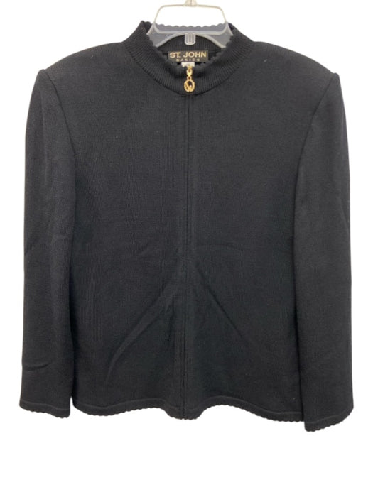 St John Basics Size 12 Black Wool Blend Knit Scalloped Edge Mock Neck Zip Jacket Black / 12