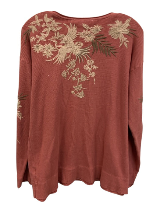 Johnny Was Size M Pink & Cream Cotton Waffle Embroidered Flowers Raw Edge Top Pink & Cream / M