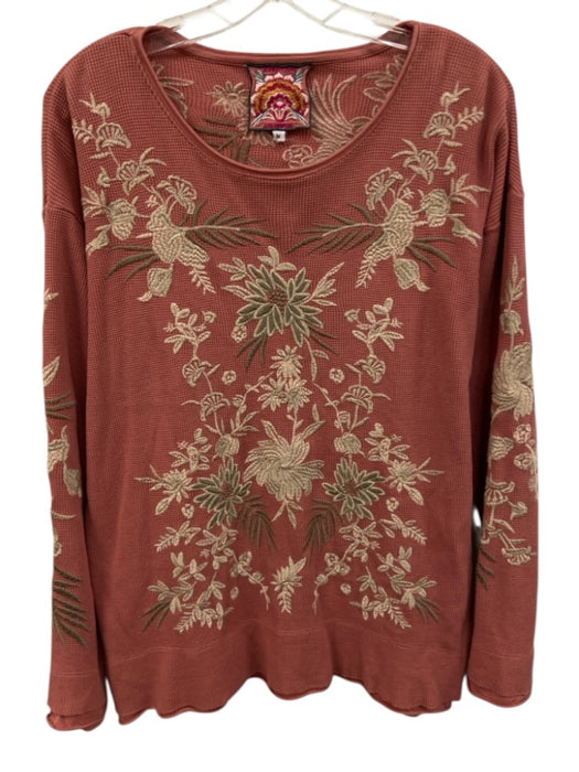 Johnny Was Size M Pink & Cream Cotton Waffle Embroidered Flowers Raw Edge Top Pink & Cream / M