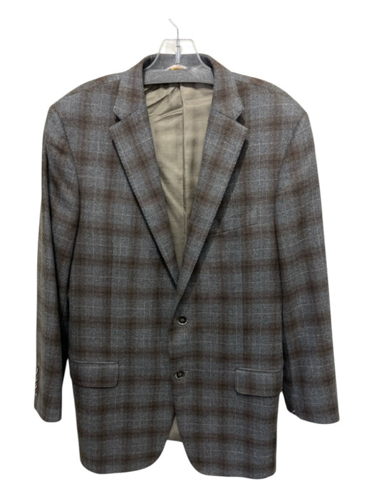 Hickey Freeman Brown & Blue Cashmere Blend Plaid 2 Button Men's Blazer 42L