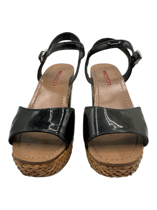 Prada Shoe Size 37.5 Black Patent Leather Wicker Platform Sandal Pumps Black / 37.5