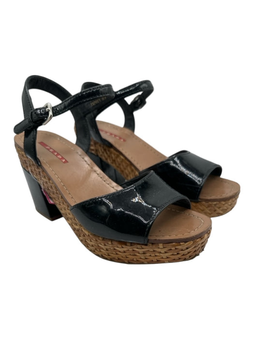 Prada Shoe Size 37.5 Black Patent Leather Wicker Platform Sandal Pumps Black / 37.5