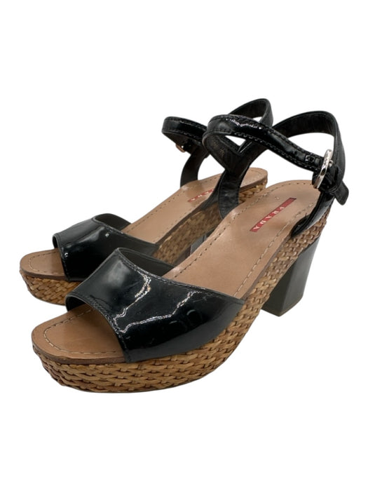 Prada Shoe Size 37.5 Black Patent Leather Wicker Platform Sandal Pumps Black / 37.5