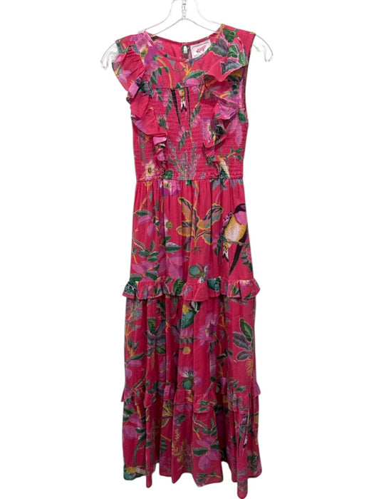 Banjanan Size XS Pink & Multi Cotton Keyhole Back Sleeveless Ruffles Dress