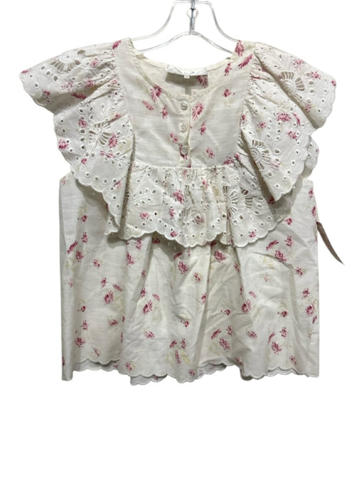 Sea New York Size 0 White & Pink Cotton Round Neck Sleeveless Floral Eyelet Top White & Pink / 0