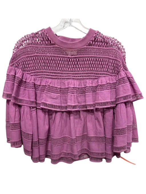 Sea New York Size 0 Purple Cotton Open Knit Tiered Long Sleeve Top Purple / 0