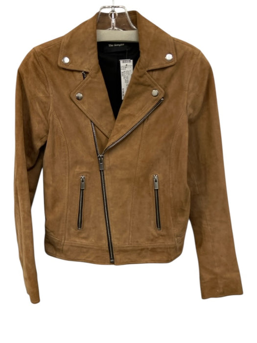The Kooples Size XXS Brown Goat Leather Zip Front Long Sleeve Peak Lapels Jacket Brown / XXS