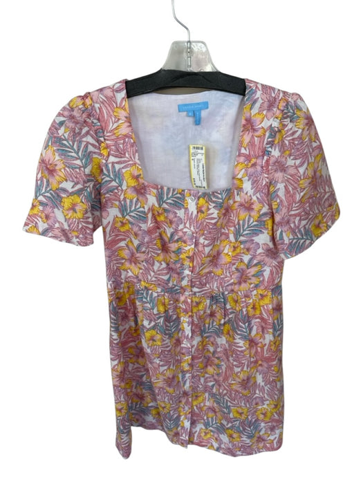 Draper James Size 6 Pink & Yellow Linen Short Sleeve Flowers Buttons Dress Pink & Yellow / 6