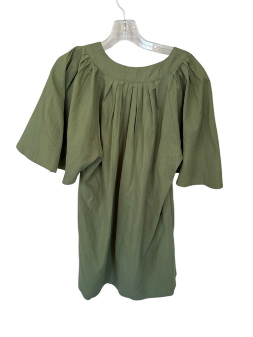 Pomander Place Size S Army Green Cotton Flutter Sleeves V Neck Pleat Dress Army Green / S
