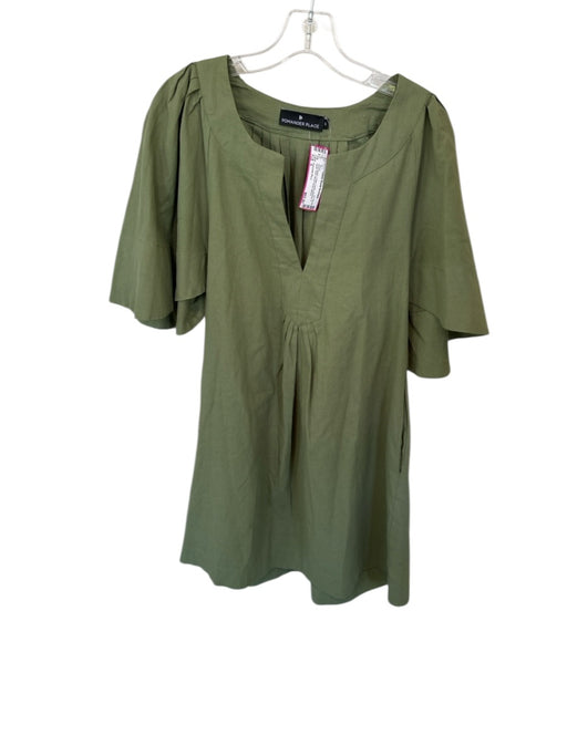 Pomander Place Size S Army Green Cotton Flutter Sleeves V Neck Pleat Dress Army Green / S