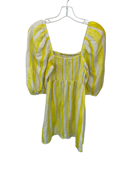 Tuckernuck Size S Yellow & White Linen & Rayon Stripe Puff Sleeve Mini Dress Yellow & White / S