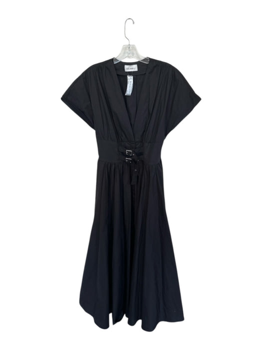 Meimeij Size Est S Black Cotton V Neck Belted Short Sleeve Maxi Dress Black / Est S
