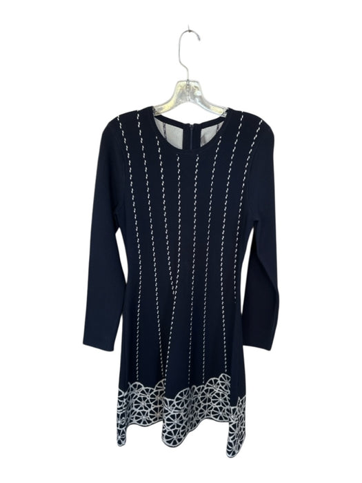 Lela Rose Size L Navy Blue & White Viscose Stitch Detail Stripe Dress Navy Blue & White / L