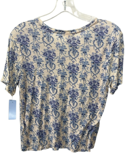 Love Shack Fancy Size XS Blue & Cream Viscose Short Sleeve Floral Cropped Top Blue & Cream / XS