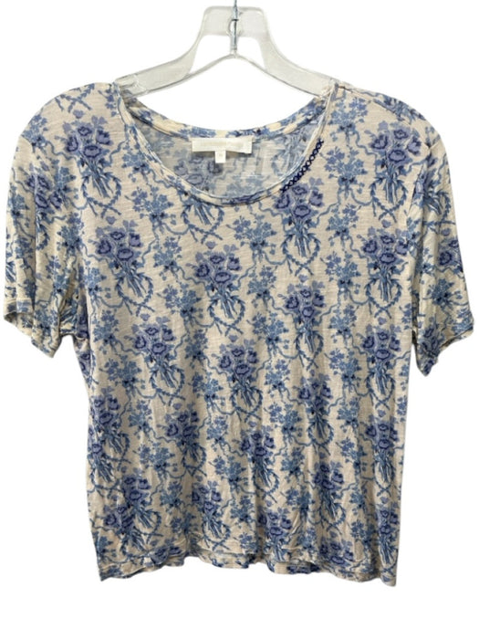 Love Shack Fancy Size XS Blue & Cream Viscose Short Sleeve Floral Cropped Top Blue & Cream / XS