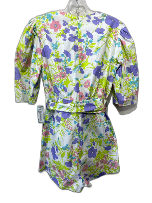 Les Reveries Size XS White, Green & Purple Cotton Floral 1/2 Sleeve Romper White, Green & Purple / XS