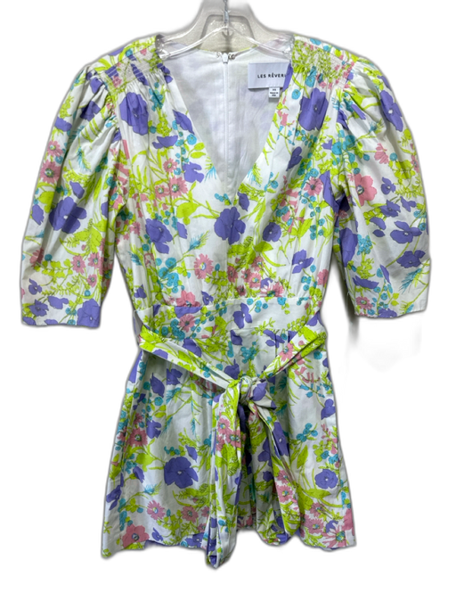 Les Reveries Size XS White, Green & Purple Cotton Floral 1/2 Sleeve Romper White, Green & Purple / XS