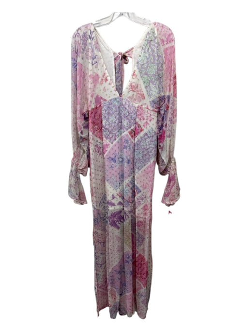 Hemant & Nandita Size XS Pink, Purple, Cream Viscose Mixed Print Tie Neck Dress Pink, Purple, Cream / XS