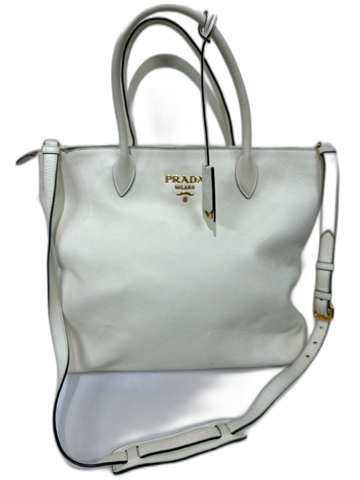 Prada White & Gold Leather Logo Detachable Strap Zip closure Tote Bag White & Gold / Large