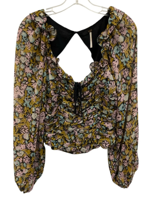Free People Size S Black, Pink & Blue Polyester Floral Long Balloon Sleeve Top Black, Pink & Blue / S