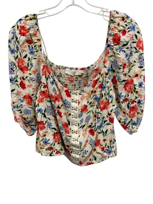 ASTR Size M Cream White & Multi Linen Blend 1/2 Balloon Sleeve Square Neck Top Cream White & Multi / M
