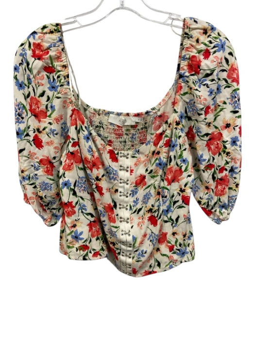 ASTR Size M Cream White & Multi Linen Blend 1/2 Balloon Sleeve Square Neck Top Cream White & Multi / M