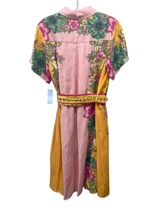 Tahari Size 6 Pink & Multi Linen & Rayon Button Front Belted Dress Pink & Multi / 6