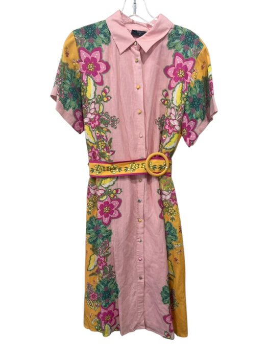 Tahari Size 6 Pink & Multi Linen & Rayon Button Front Belted Dress Pink & Multi / 6
