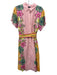 Tahari Size 6 Pink & Multi Linen & Rayon Button Front Belted Dress Pink & Multi / 6