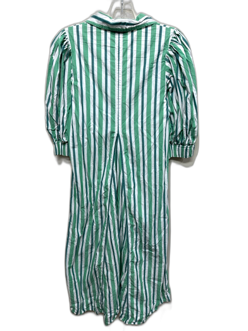 Ganni Size 36 Green & White Cotton V Neck Striped Collared Midi Dress Green & White / 36