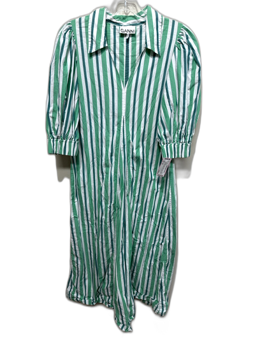 Ganni Size 36 Green & White Cotton V Neck Striped Collared Midi Dress Green & White / 36