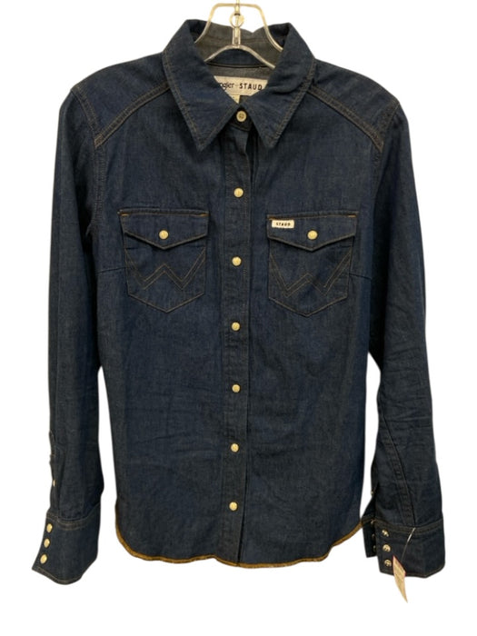Staud Size S Blue Wash Cotton Distressed Hem Western Long Sleeve Button Down Top Blue Wash / S