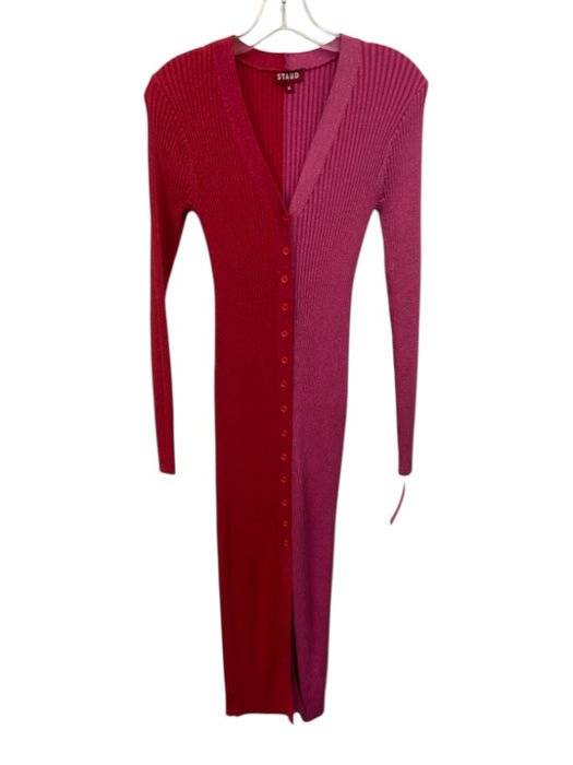 Staud Size M Red & Pink Viscose Blend Ribbed Knit Colorblock Button Down Dress Red & Pink / M