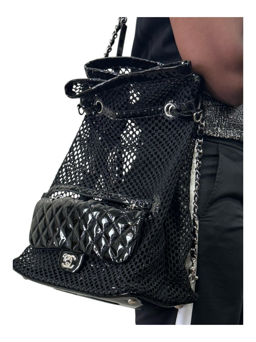 Chanel Black Patent Leather Crochet Silver Hardware Tote Chain Bag Black / Medium