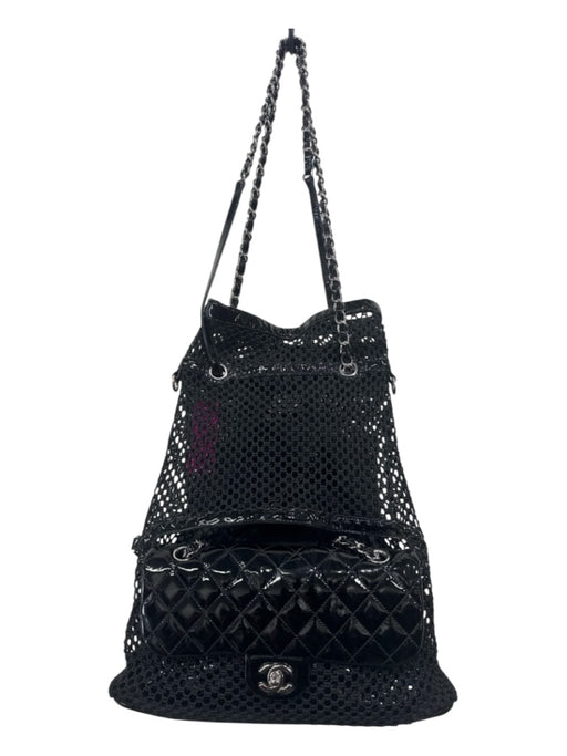 Chanel Black Patent Leather Crochet Silver Hardware Tote Chain Bag Black / Medium