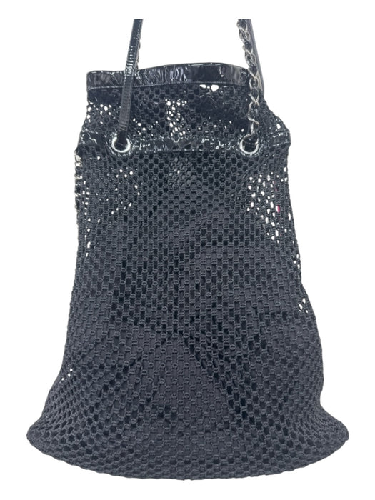 Chanel Black Patent Leather Crochet Silver Hardware Tote Chain Bag Black / Medium