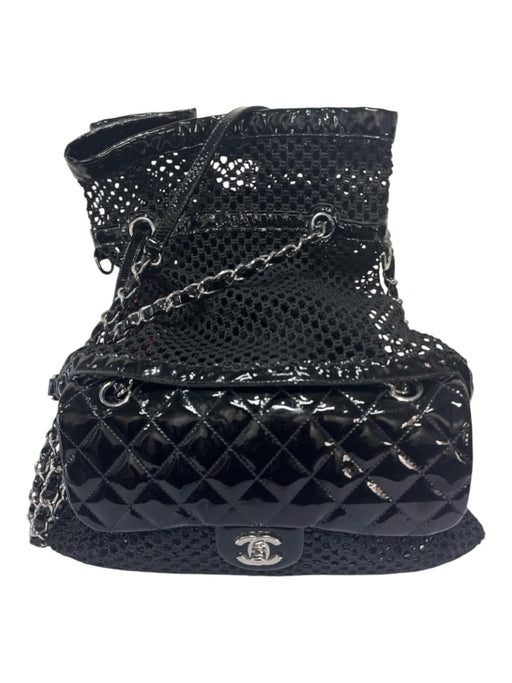 Chanel Black Patent Leather Crochet Silver Hardware Tote Chain Bag Black / Medium
