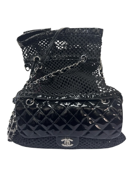 Chanel Black Patent Leather Crochet Silver Hardware Tote Chain Bag Black / Medium