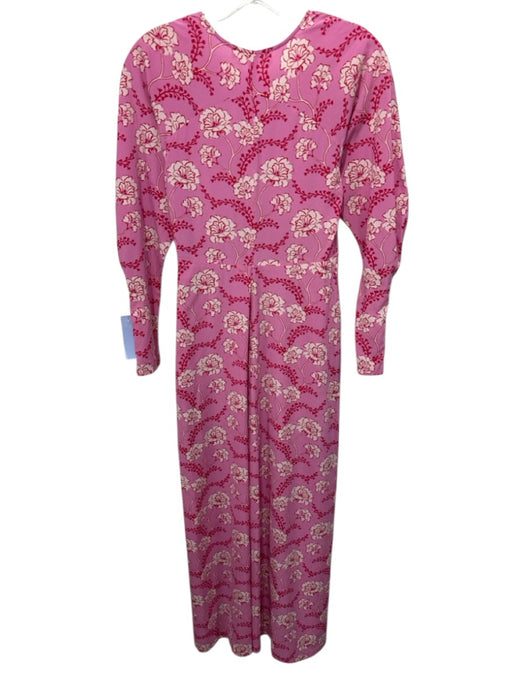 A.L.C. Size 00 Pink & Red Silk Blend Ruched Front Floral Long Sleeve Maxi Dress Pink & Red / 00