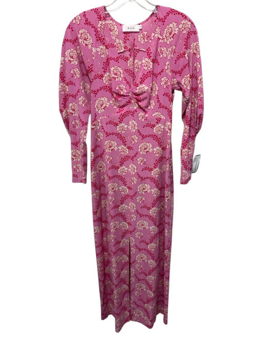 A.L.C. Size 00 Pink & Red Silk Blend Ruched Front Floral Long Sleeve Maxi Dress Pink & Red / 00
